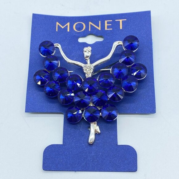 Vintage Monet Silver-Tone Lady Dancer Brooch Pin Royal Blue Crystal Dress Skirt - Picture 2 of 7
